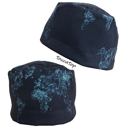 Gorro Cirúrgico, Mapa Mundi, Linhas Azuis, Azul