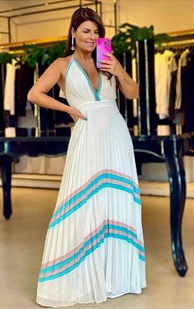 Vestido Plissado Longo com Listras