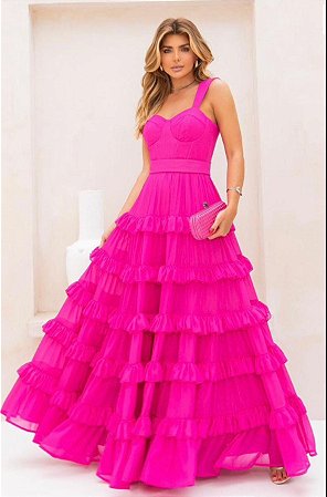 Vestido Pink longo babados