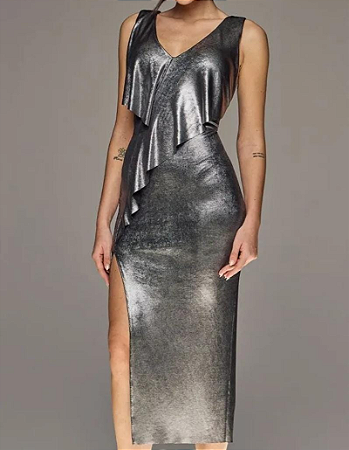 Vestido Super Midi Liso Com Babado