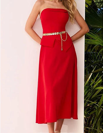 Vestido Vermelho Midi Liso Com Lapela