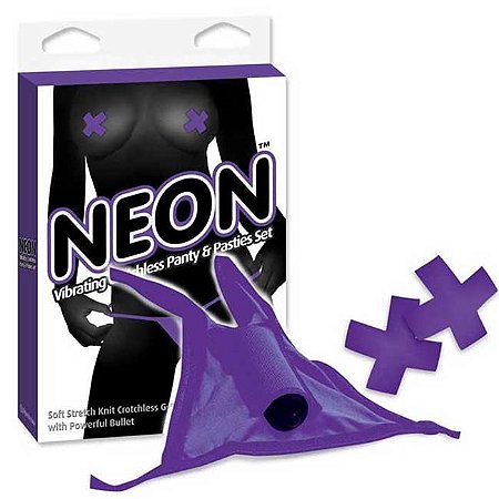 Calcinha com cápsula vibratória - neon vibrating crotchless panty and pasties set - cor roxo