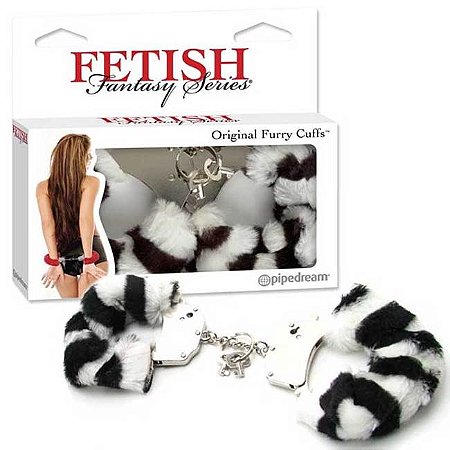 Algemas eróticas em metal com pelúcia de zebra - furry cuffs pp