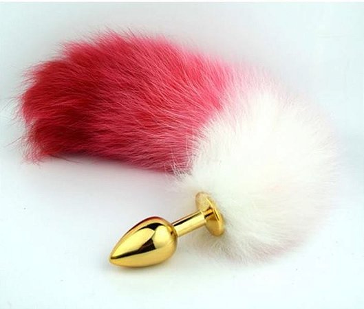 Plug anal rabo de raposa polar branco e vermelho (plug  pequeno 7.5 x 2.8 cm - dourado) - cosplay