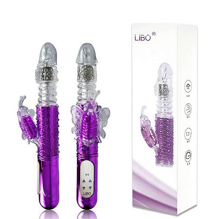 LIBO - VIBRADOR ROTATIVO RECARREGÁVEL COM MOVIMENTO DE VAI E VEM, ESTIMULADOR CLITORIANO EM FORMA DE BORBOLETA E 36 FUNÇÕES DE VIBRAÇÃO - 27 X 3,5 CM