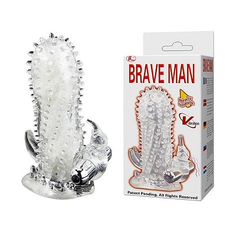 BRAVE MAN - CAPA PENIANA EM SILICONE COM NÓDULOS MASSAGEADORES, VIBRAÇÃO E ESTIMULADOR DE CLÍTORIS - 14,5 X 4 CM