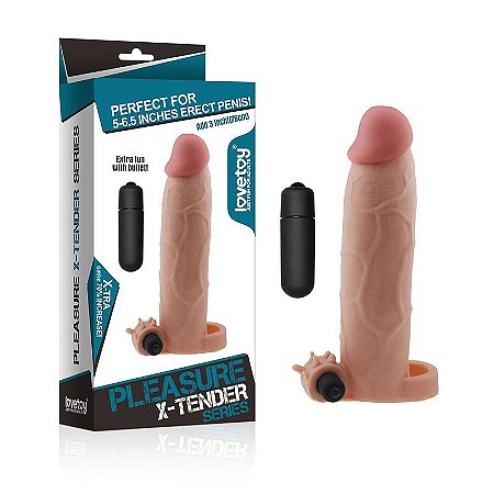 LOVETOY PLEASURE X-TENDER SERIES - CAPA PENIANA EXTENSORA COM PREENCHIMENTO NA PONTA E CÁPSULA VIBRATÓRIA - 21 X 4,5 CM | COR: BEGE