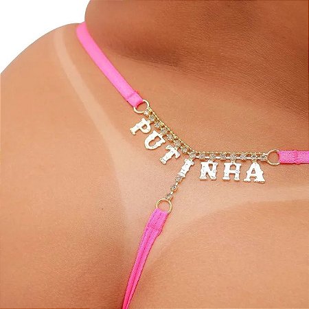 Fio Dental Plus Size Rosa Neon Palavras Strass - PUTINHA