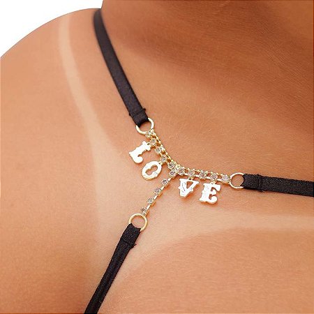 Calcinha Fio Dental Plus Size Preto Palavras Strass - LOVE