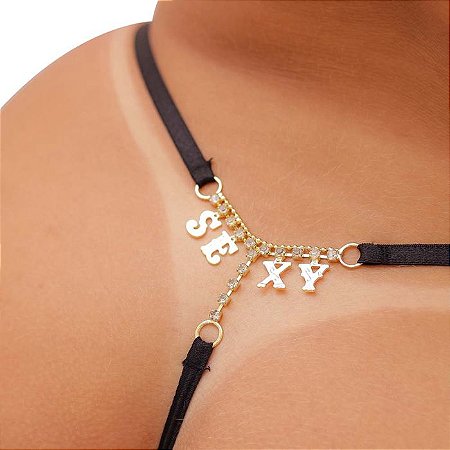 Calcinha Fio Dental Plus Size Preto Palavras Strass - SEXY