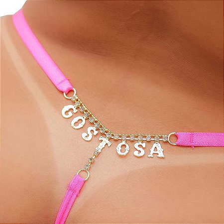 Fio Dental Plus Size Rosa Neon Palavras Strass - GOSTOSA