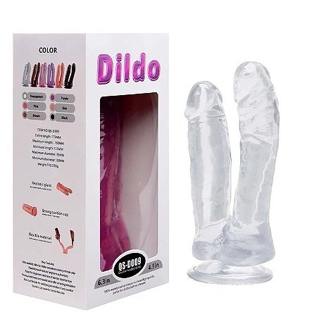 Pinto de borracha realístico duplo com ventosa translúcido - cor transparente