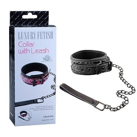 APHRODISIA LUXURY FETISH COLLAR WITH LEASH - COLEIRA AFIVELÁVEL COM GUIA - COR PRETA