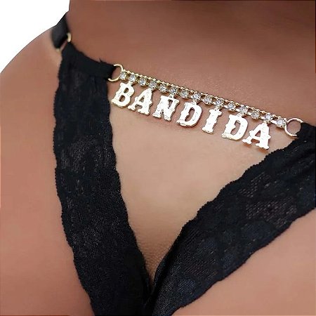 Calcinha Fio Dental Gis Preta Palavras Strass - BANDIDA