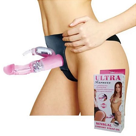 BAILE ULTRA HARNESS - CINTA AJUSTÁVEL COM VIBRADOR ROTATIVO E ESTIMULADOR CLITORIANO EM FORMA DE COELHO - 18 X 3,5 CM