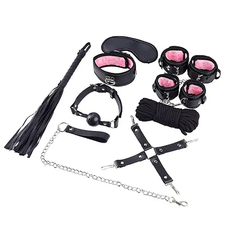 Kit Sado Completo Sadomasoquismo Preto com Rosa 8 peças