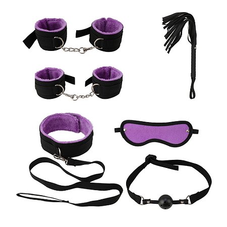 Kit Sado 6 Peças Pu com Pelúcia - cor roxo com preto