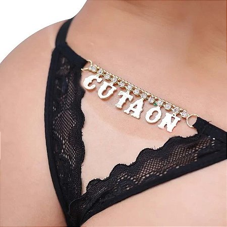 Calcinha Fio Dental Gis Preta Palavras Strass - CU TA ON