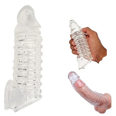 CAPA PENIANA TRANSPARENTE EM SILICONE MACIO COM TEXTURA E ANEL PARA ESCROTO 17X4,7cm