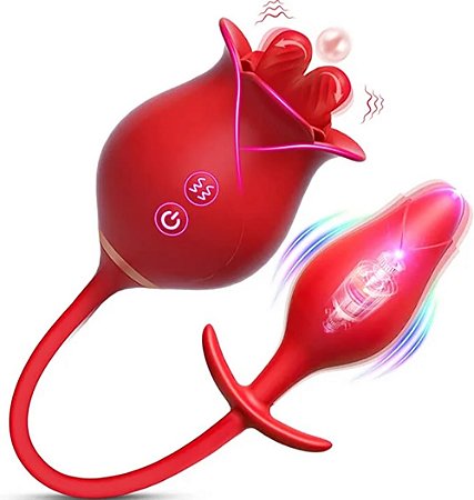 Rosa com língua estimuladora de clitóris e ponto G com plug anal