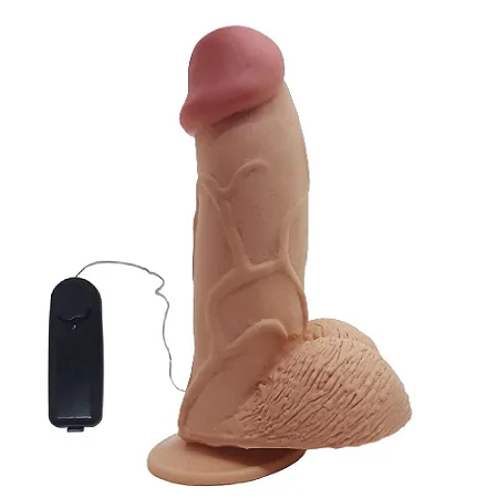 CORAÇÃO - PÊNIS DE BORRACHA REALÍSTICO VEIAS SALIENTES COM ESCROTO VENTOSA E VIBRADOR  - 17X5CM - COR BEGE