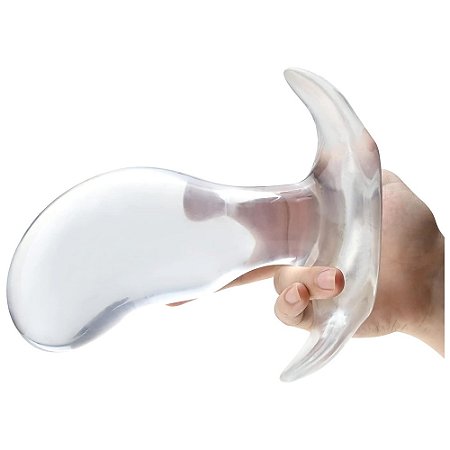 PLUG ANAL MASCULINO TRANSPARENTE MASSAGEADOR DE PRÓSTATA COM DIÂMETRO SINUOSO E ALÇA - 21X8CM