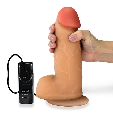 Realistic big dildo Bonitão - Pinto de borracha realístico flexível com escroto, vibrador e ventosa - 21x6,5cm - cor bege
