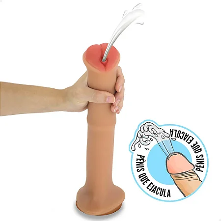 Realistic big dildo Jamanta Ejaculador - Pinto de borracha realístico flexível com escroto, ventosa e ejacula - 34,5x5,8cm - cor bege