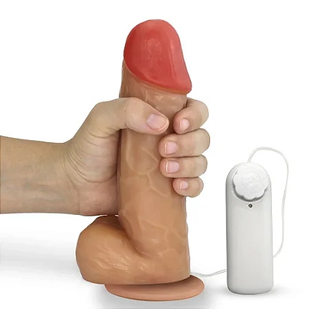 Realistic big dildo Crono - Pinto de borracha realístico flexível com escroto, vibrador e ventosa - 20x5cm - cor bege