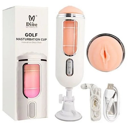 DIBE GOLF MASTURBATION CUP - MASTURBADOR VAGINA COM VENTOSA RECARREGÁVEL EM CYBERSKIN MOVIMENTO DE CONTRAÇÃO VAGINAL, FONE DE OUVIDO SIMULAÇÃO DE GEMIDO - 23 X 8,5 CM