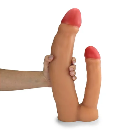 Realistic big dildo Gemêos - Pinto de borracha Duplo realístico flexível com escroto - 36x7,3cm - cor bege