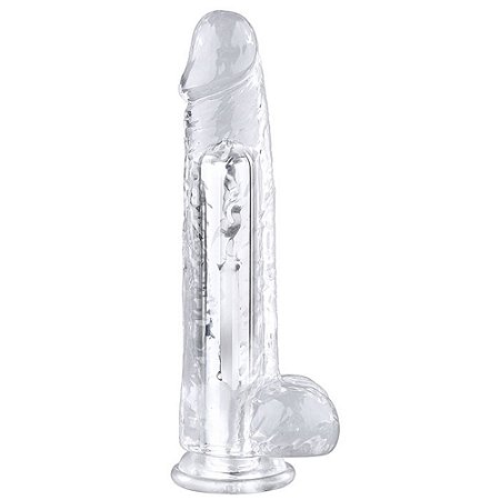 Pênis grande realístico vibrador recarregável de silicone transparente com saliências em alto relevo e ventosa - 25,5x5,5cm