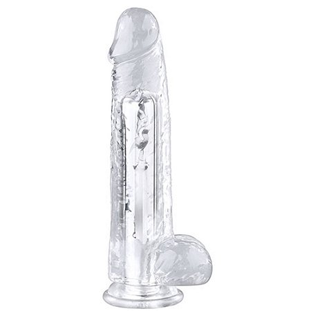 Pênis grande realístico vibrador recarregável de silicone transparente com saliências em alto relevo e ventosa - 19x3,6cm