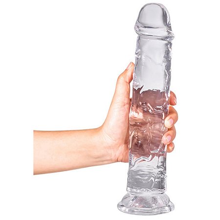 Pênis grande realístico de silicone transparente com saliências em alto relevo e ventosa - 25 x 5cm