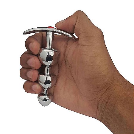 Plug anal com esferas em aço inox com puxador e pedra de cristal