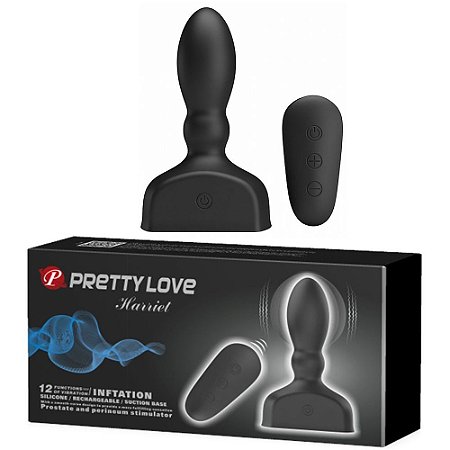 PRETTY LOVE HARRIET - PLUG ANAL INFLÁVEL E RECARREGÁVEL FEITO EM SILICONE COM VENTOSA, 12 MODOS DE VIBRAÇÕES, CONTROLE REMOTO SEM FIO E FUNÇÃO MEMÓRIA - 12,5 X 3,3 CM