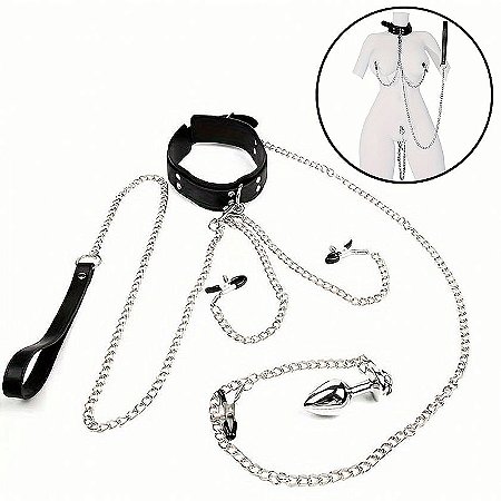 Coleira com grampo de mamilo e plug anal