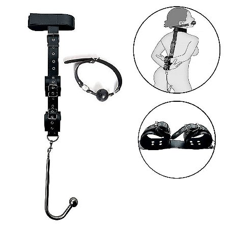 Algema com coleira e mordaça com gancho plug anal em aço inox