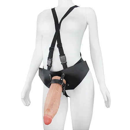 Realistic big strapon Jatobão - Cinta peniana com suspensório ajustável realístico flexível com escroto - 27x8cm - cor bege