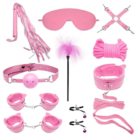 Kit bondage sado erótico com 11 Produtos - cor rosa