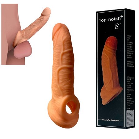 Top Notch Cock Extender Testicle Ring - CAPA PENIANA COM TEXTURA EM CYBER SKIN MACIO E FLEXÍVEL ANEL PARA ESCROTO - 21X4,1CM - COR BEGE