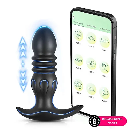 Plug anal recarregável em silicone vibratório com movimento vai e vem por aplicativo