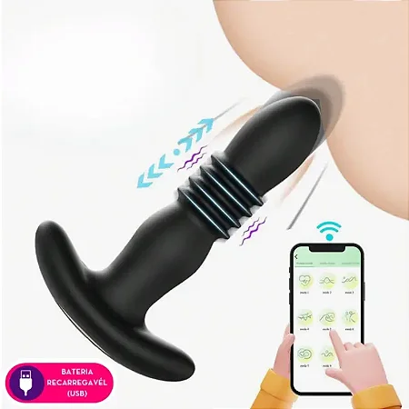 Plug anal recarregável em silicone vibratório com movimento sobe e desce por aplicativo