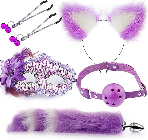 KIT - PLUG RABO DE RAPOSA TIARA DE ORELHAS GRAMPO PARA SEIOS E MASCARA - BICOLOR