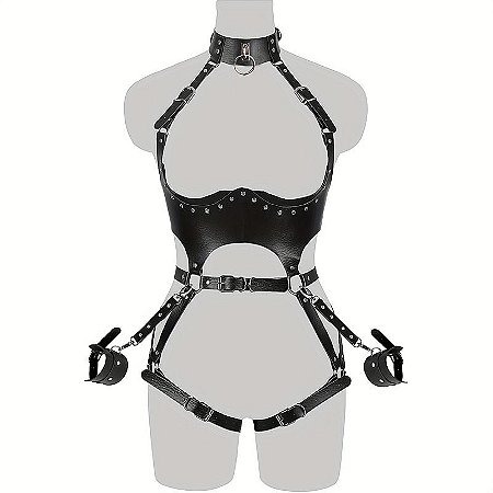 Harness de Couro com Algemas / Pescoço e Cintura