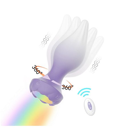 Plug anal recarregável vibratório em silicone com LED rotação 360°e controle remoto - cor lilás