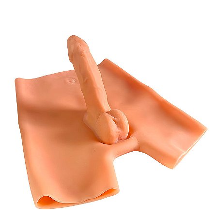 Dildo Underwear - CAPA PENIANA PARA HOMEM SILICONE INTEGRADA ESTILO SHORT - COR BEGE - 18X4,5CM