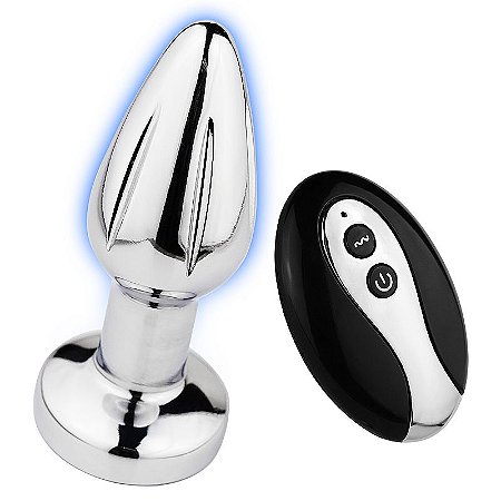 Plug anal em aço inox com vibrador recarregável, luz led colorido e controle remoto sem fio