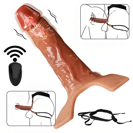 Hollow Penis Enlargement Sleeve - capa peniana com cinta vibratório recarregável com controle remoto