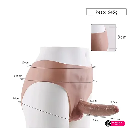 VIBRATING ONE-PIECE PENIS MLSM3245- Cinta em silicone com pênis realístico com vibrador recarregável macio integrado - COR BEGE - 15 x 4,2cm